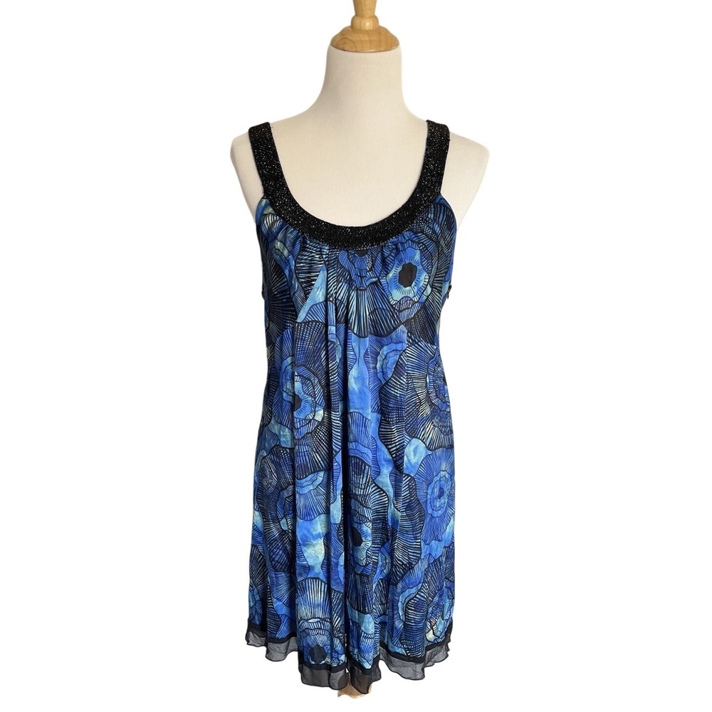 Y2K Beaded Silk Mini Dress Size L Blue Abstract Floral HoCo Sexy Party Gala VTG
